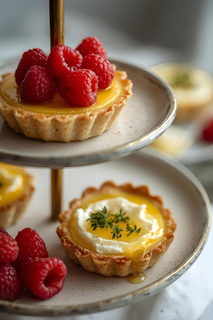 A photo of two separate variant mini tarts: one is a close-up of a sweet lemon curd tart with berries, and the other is a savory tart filled with goat cheese and herbs, side-by-side