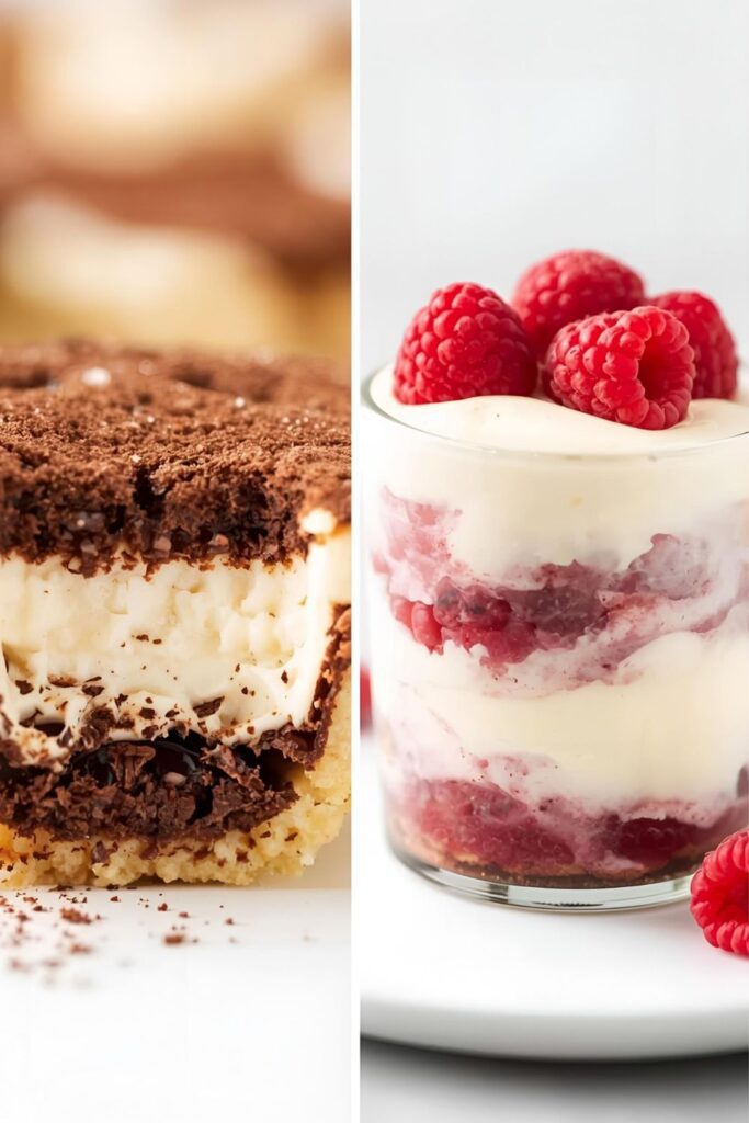 Macro view of two Mini fruit tarts variants: one classic berry tart and one savory goat cheese/tomato tart for contrast.