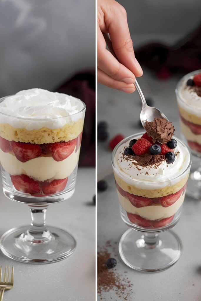 Two separate, styled images: one close-up of the perfect layers, and one shot of the trifle being topped with a spoon.