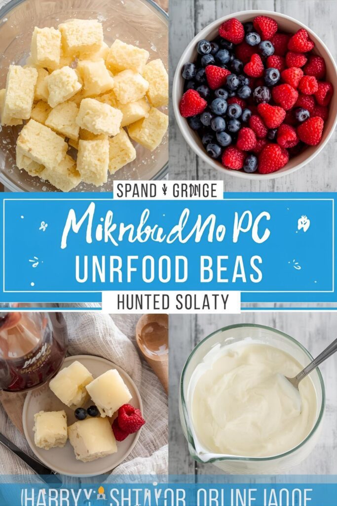 Flat lay collage of trifle components: sponge cake cubes, fresh berries, custard, and whipping cream.