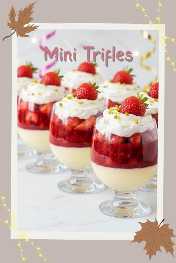 "MINI TRIFLES" text overlay on clear dessert cups showing perfect layers of cake, fruit, and cream.