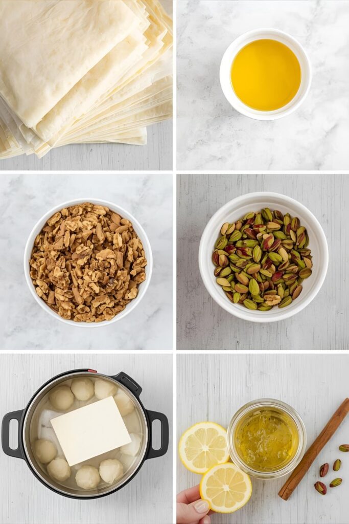 A flat lay collage of all the raw ingredients for mini baklava: thawed phyllo dough, chopped walnuts and pistachios, melted butter, sugar, honey, lemon slices, and a cinnamon stick.