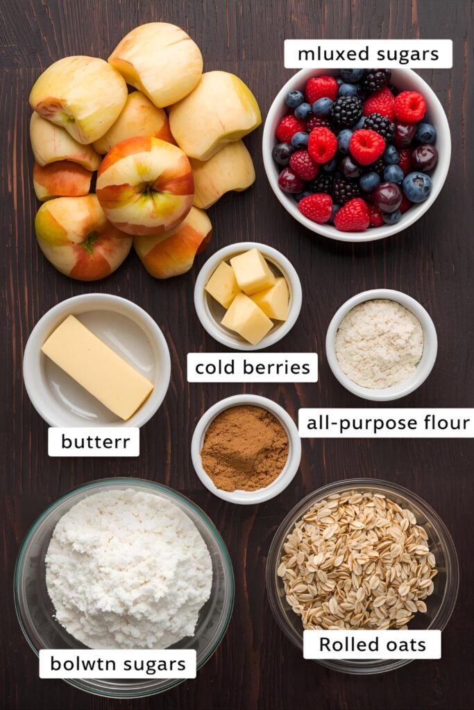 A rustic collage of all the raw ingredients for mini crumbles: fresh berries, apples, flour, oats, brown sugar, cinnamon, and cold butter.