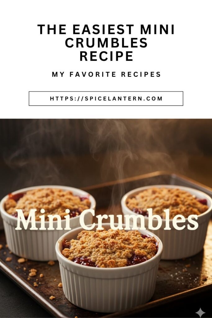 A close-up shot of several small, bubbling mini crumbles in ramekins, with a large text overlay reading "Mini Crumbles."
