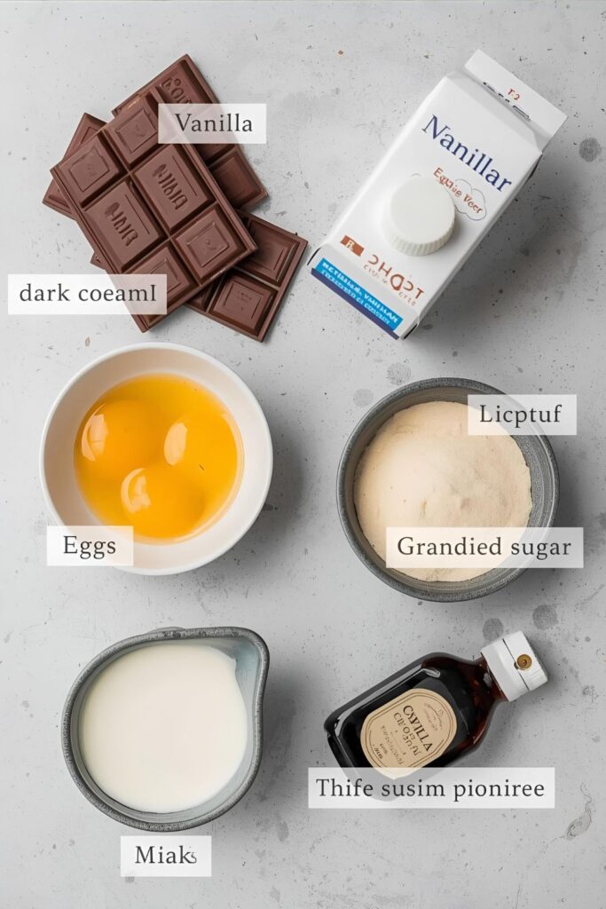 A flat lay collage of all the raw ingredients for chocolate mini mousse: dark chocolate, heavy cream, egg yolks, sugar, milk, and vanilla extract.