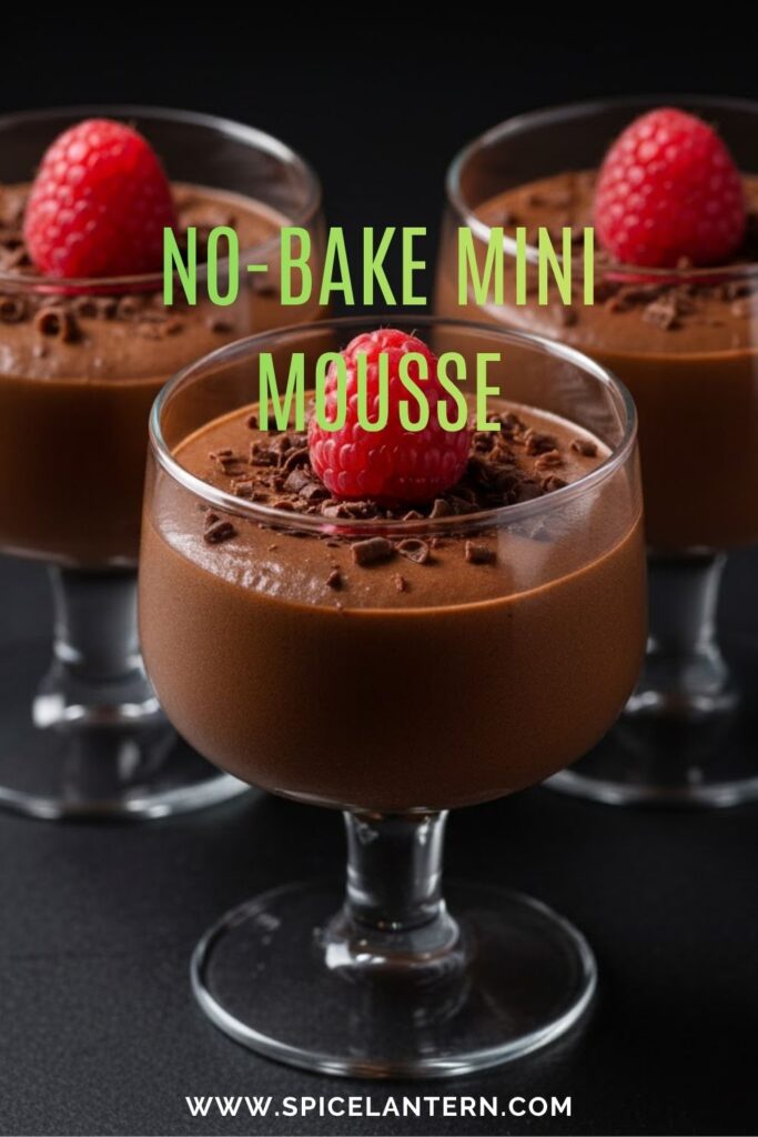 A stunning close-up of several individual chocolate mini mousses in small glasses, garnished with chocolate shavings, with a text overlay reading "Mini Mousse."