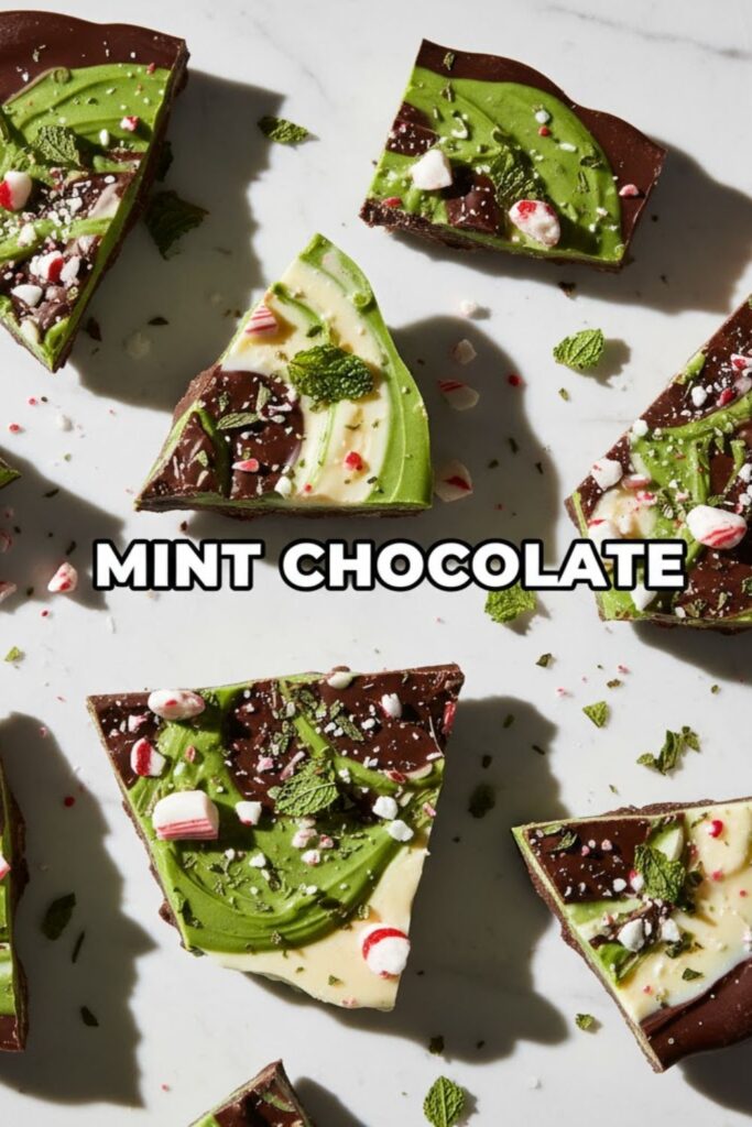 A viral, indulgent, and highly clickable image of shattered green and dark chocolate bark piled high on a white surface, with the text overlay "MINT CHOCOLATE" in a crisp, white script font.