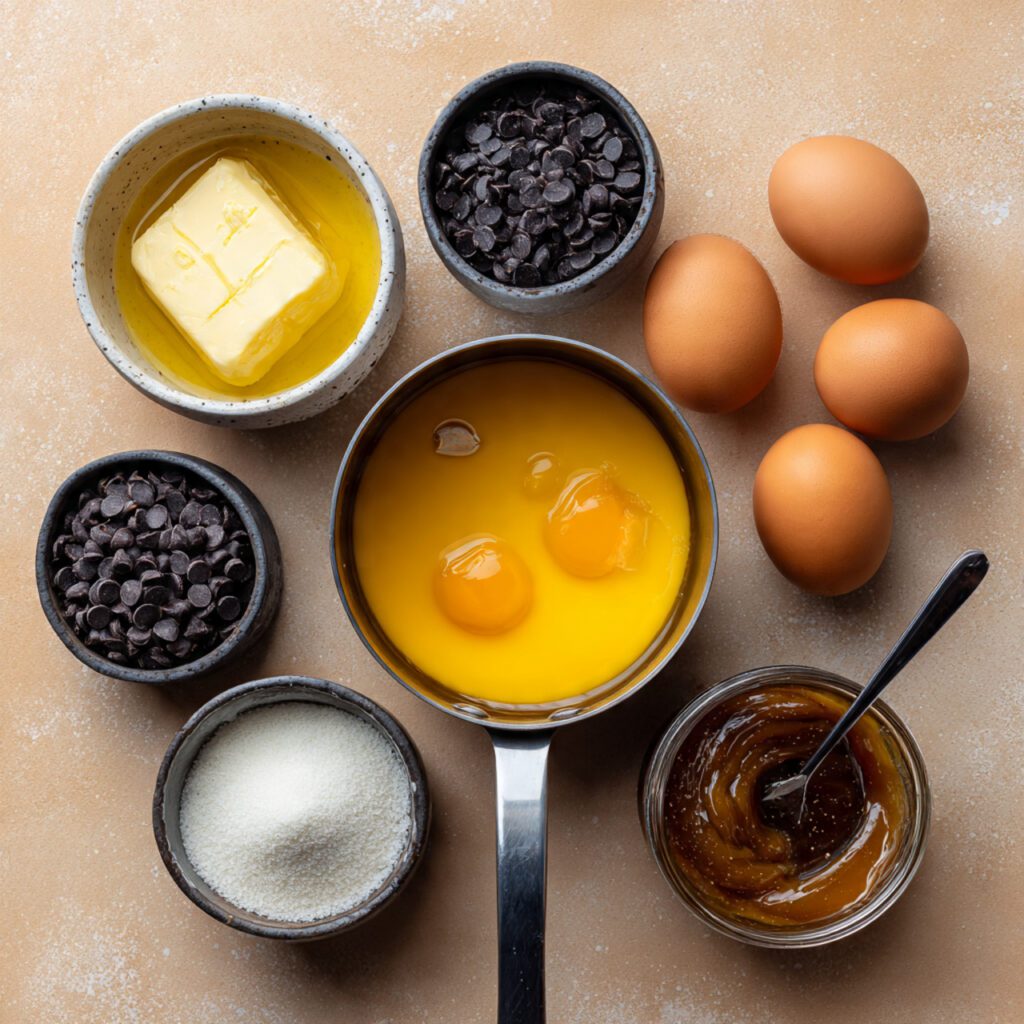 A flat lay collage showing the essential ingredients: melted butter, dark chocolate chips, eggs, sugar, a small container of white miso paste, and a saucepan with caramel ingredients.