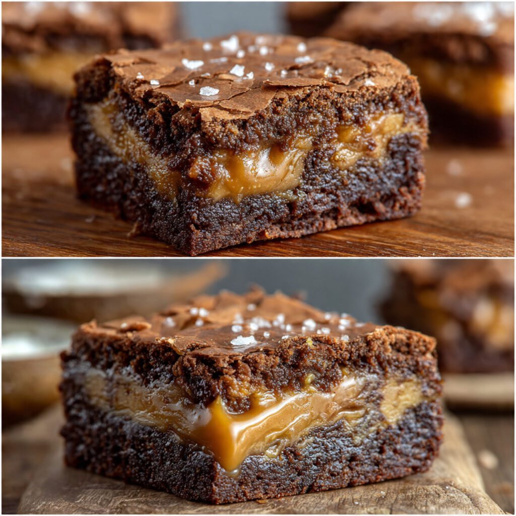 Two servings of Miso Caramel Brownies. One is a wide shot of a full brownie square showing the fudge layer and caramel swirl, and the other is an extreme close-up of the brownie's texture and the crinkly top.