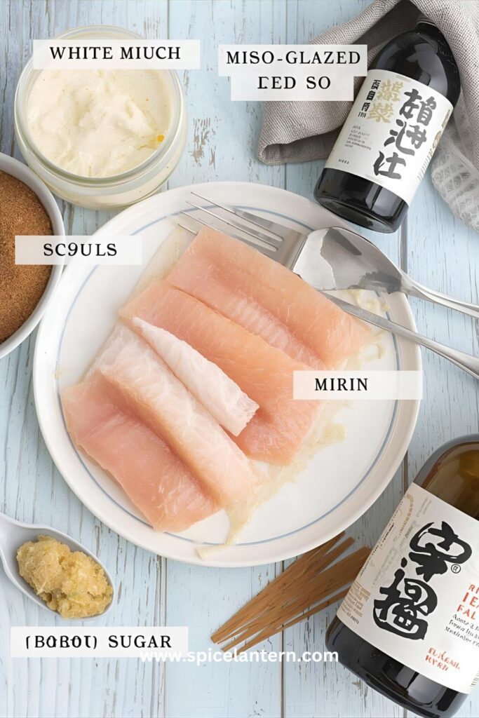 A flat lay collage of all the raw ingredients for the miso glaze and cod: white miso paste, cod fillets, mirin, sake, brown sugar, and ginger.