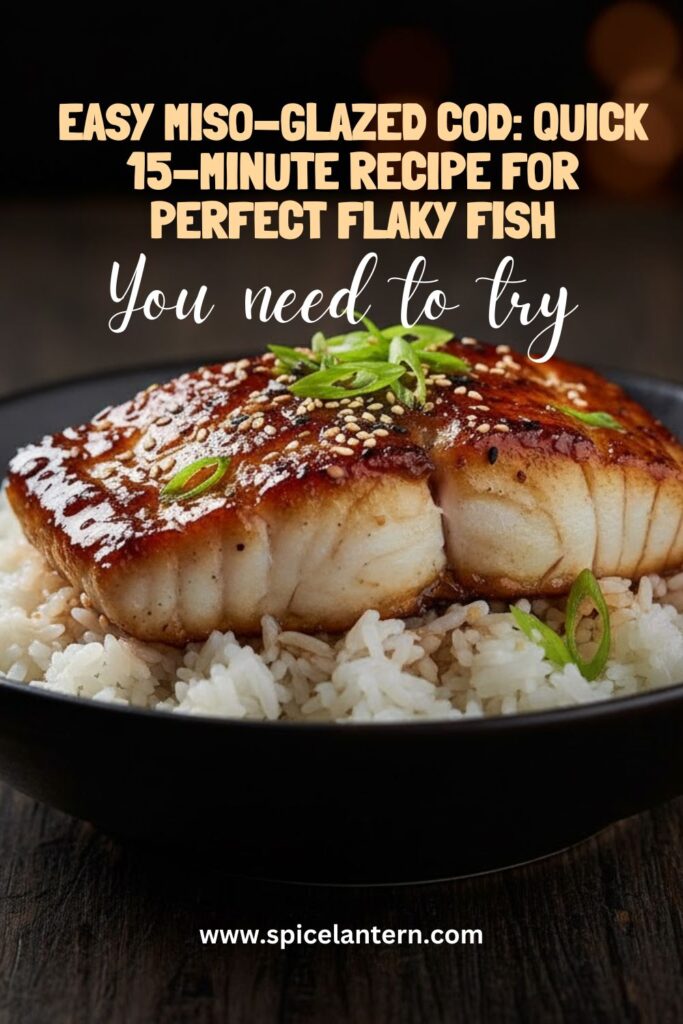 A stunning close-up of a Miso-Glazed Cod fillet plated with rice, showing the dark, caramelized glaze, with a large text overlay reading "Miso-glazed cod.