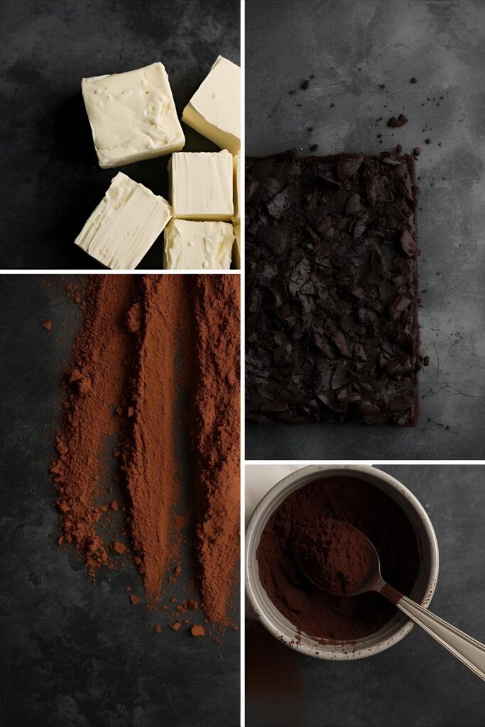 A 9:16 collage showing the ingredients for mocha cheesecake: cream cheese, Oreo cookies, cocoa powder, and espresso powder.