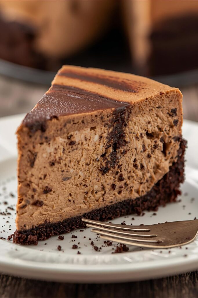 A 9:16 vertical close-up shot of a perfect slice of mocha cheesecake, showing the ultra-creamy coffee and chocolate filling and the dark Oreo cookie crust.