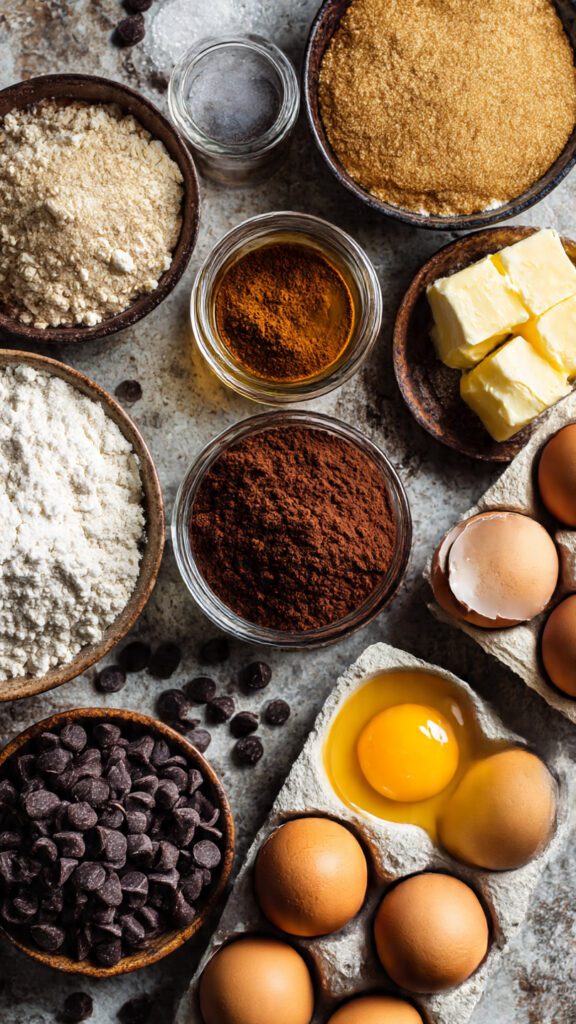 A high-quality collage image showing all the simple ingredients: flour, cocoa powder, espresso powder, butter, sugar, eggs, and chocolate chips, artistically arranged on a kitchen counter.