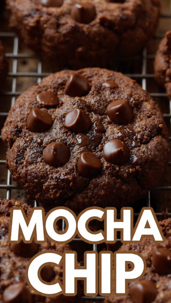 A close-up, vibrant overhead photo of warm mocha chip cookies cooling on a rack, showing the melted chocolate chips and dark cocoa color, featuring the bold text overlay: MOCHA CHIP.