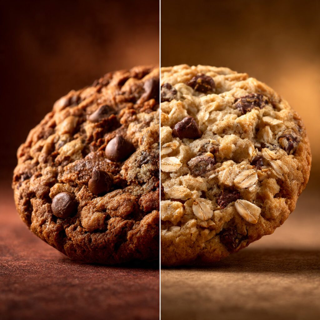 A side-by-side photograph showing two different cookies: one classic mocha chip cookie and one oatmeal coconut mocha chip cookie, highlighting the texture customization.