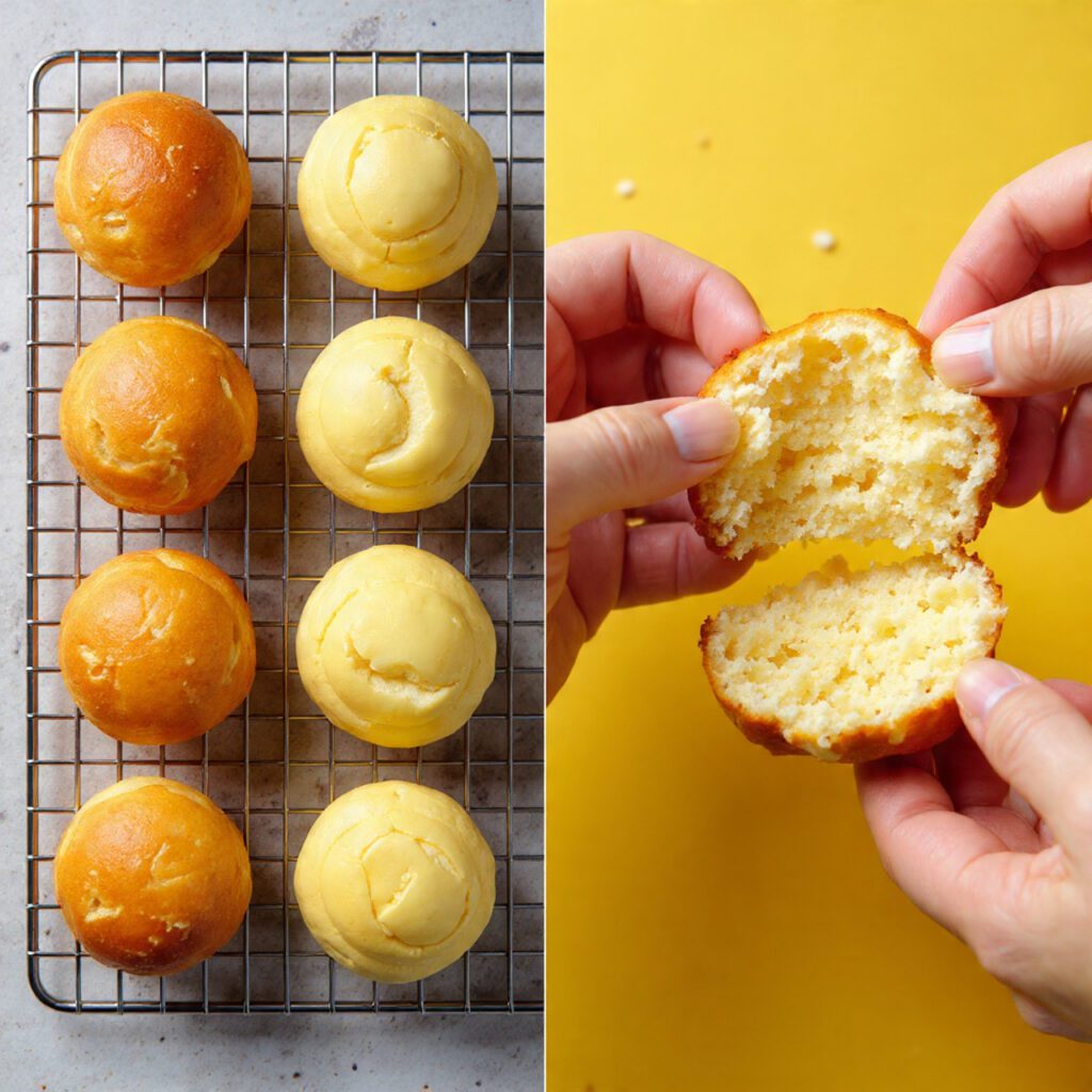 Two views of Mochi Muffins: freshly baked muffins on a cooling rack and a close-up of a muffin being pulled apart to show its chewiness.
