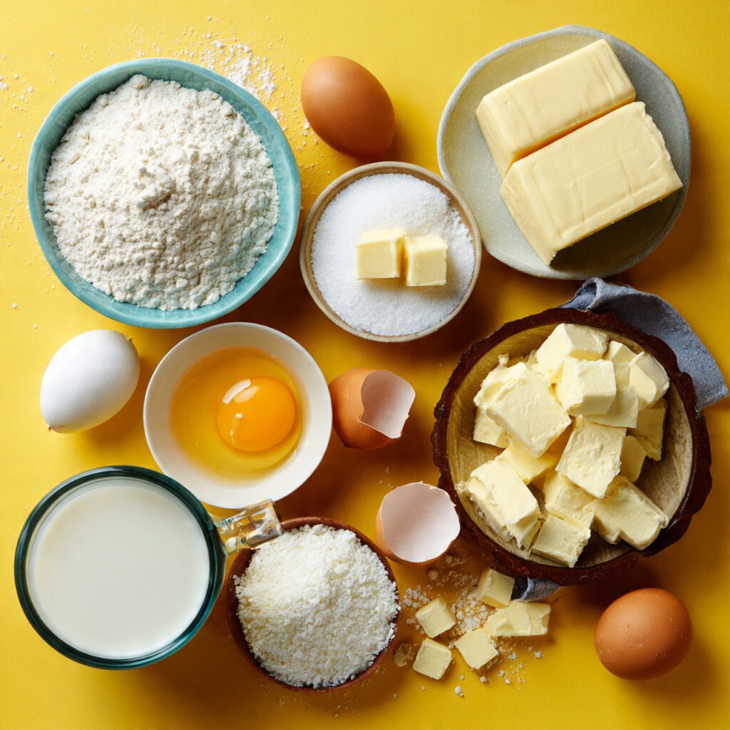 Flat lay collage of Mochi Muffin ingredients: Mochiko flour, eggs, butter, milk, sugar, vanilla, and a muffin pan.