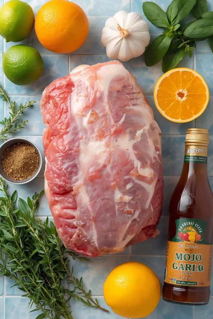 A vibrant, flat lay collage of all the Mojo pork ingredients: a pork shoulder, oranges, limes, a head of garlic, cumin, oregano, and olive oil.