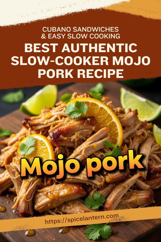 A stunning close-up of shredded, juicy Mojo pork piled high on a plate, with a large, bold text overlay that reads "Mojo pork."