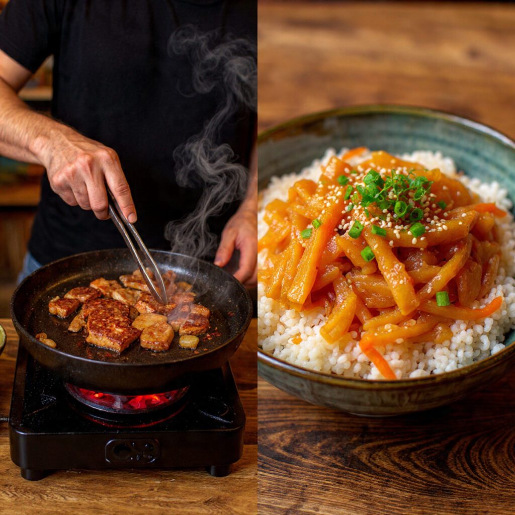 Two views of the Mongolian Grill Station: ingredients cooking on a hot griddle and a finished bowl of customized stir-fry.