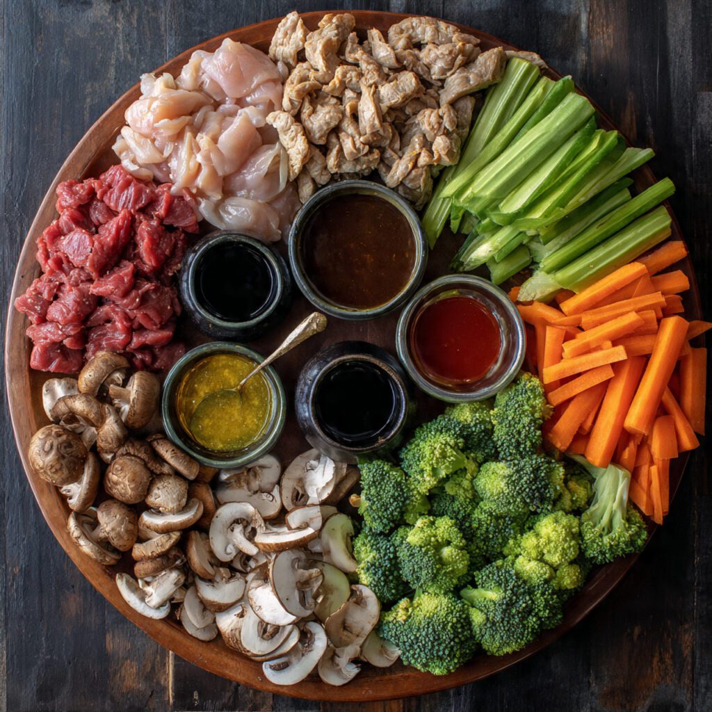 Flat lay collage of thinly sliced raw proteins, colorful vegetables, and various sauces for a Mongolian Grill Station.