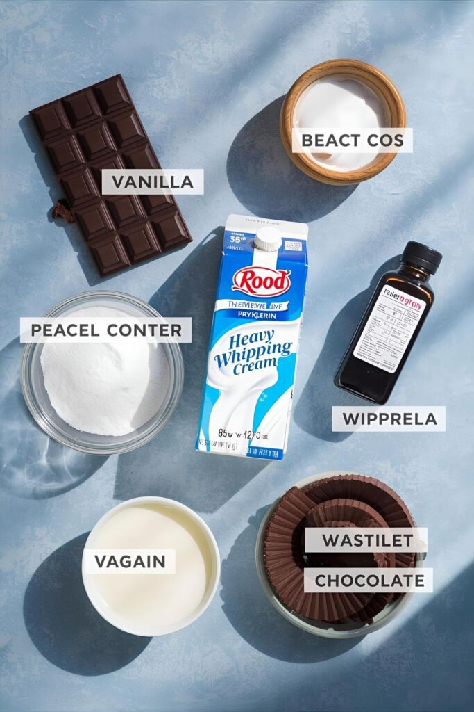 Overhead flat lay collage of all ingredients for Deconstructed Mousse: dark chocolate bar, heavy cream, milk, vanilla, sugar, and chocolate wafers.