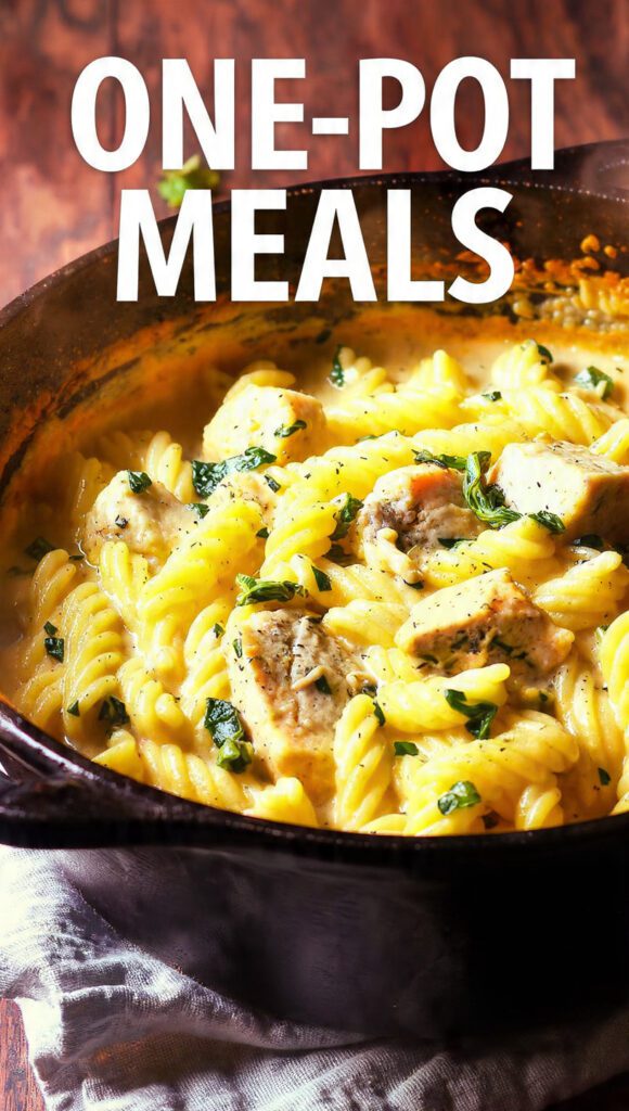 Food photography shot: Creamy Tuscan Chicken Pasta served directly in a deep cast iron Dutch oven. "ONE-POT MEALS" text overlay, high contrast, rustic warm lighting.