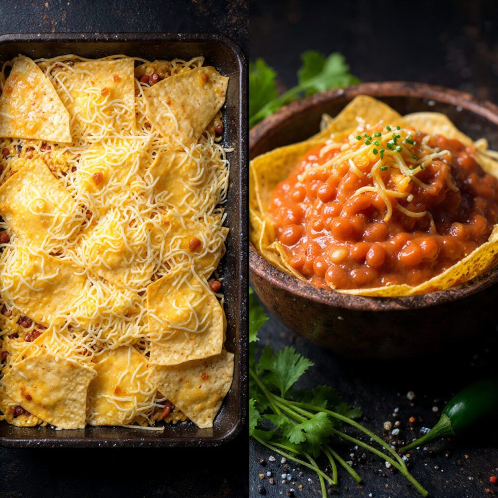 Two views of Night Owl Nachos: a sheet pan fresh from the oven and a close-up of a fully loaded scoop with toppings.