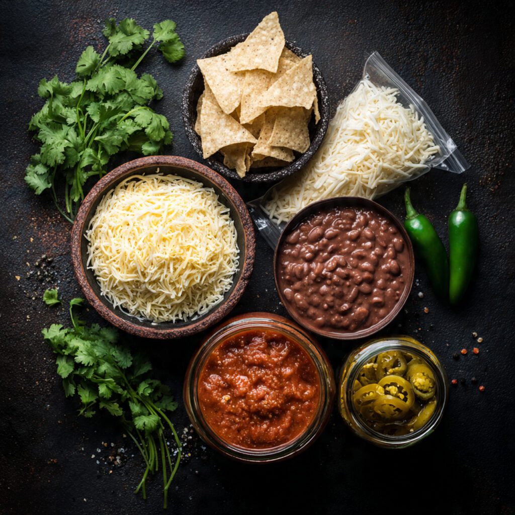 Flat lay collage of Night Owl Nachos raw ingredients: tortilla chips, cheese, refried beans, salsa, and jalapeños.
