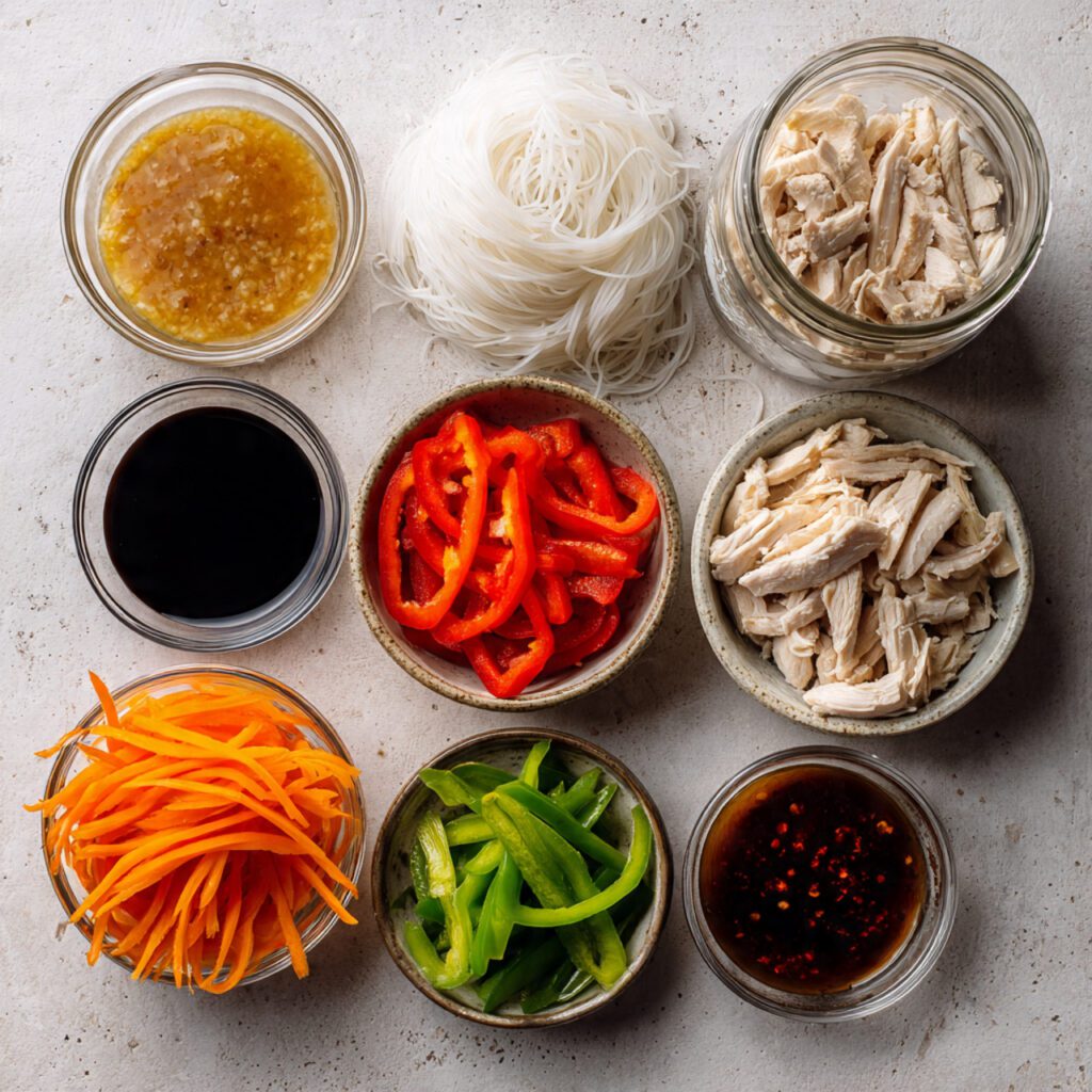 Flat lay collage of Nocturnal Noodle Cups raw ingredients: noodles, fresh vegetables, protein, and flavor base components.