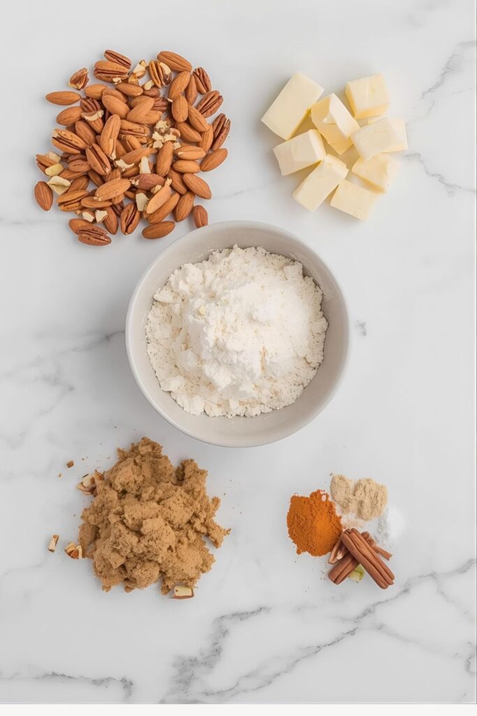 A bright flat lay collage of all the raw ingredients for nut crumble: mixed nuts, cold butter, almond flour, brown sugar, cinnamon, and cardamom.
