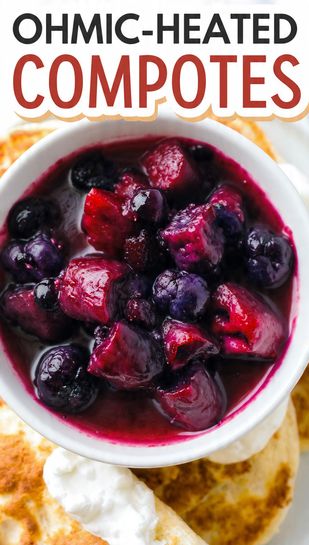 A bowl of thick, vibrant berry compote with large fruit chunks, drizzled over a stack of pancakes or yogurt, emphasizing the bright color and texture. Text overlay reads: OHMIC-HEATED COMPOTES