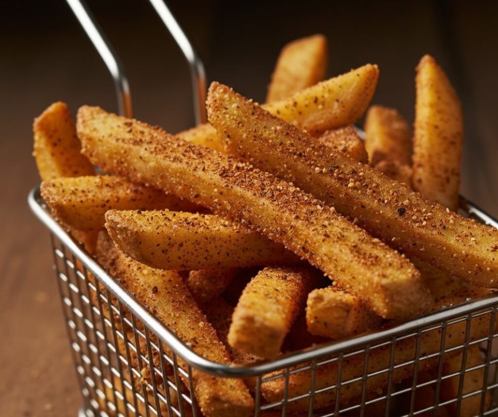 Close-up image of golden french fries heavily seasoned with homemade Old Bay spice blend.