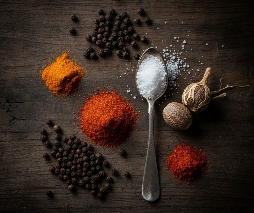 Flat lay collage of spices used in homemade Old Bay: paprika, celery salt, black pepper, and cayenne.