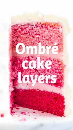 Pinterest image for an ombré cake layers recipe with a text overlay of the main keyword on a background of the gradient cake cross-section.