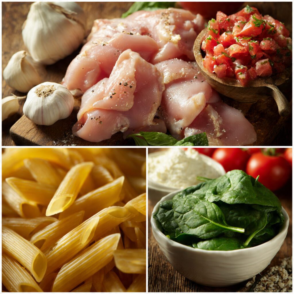 A collage showing the speed-focused ingredients: sliced chicken thighs, uncooked penne pasta, canned diced tomatoes, fresh spinach, heavy cream, and a bowl of minced garlic and onion.