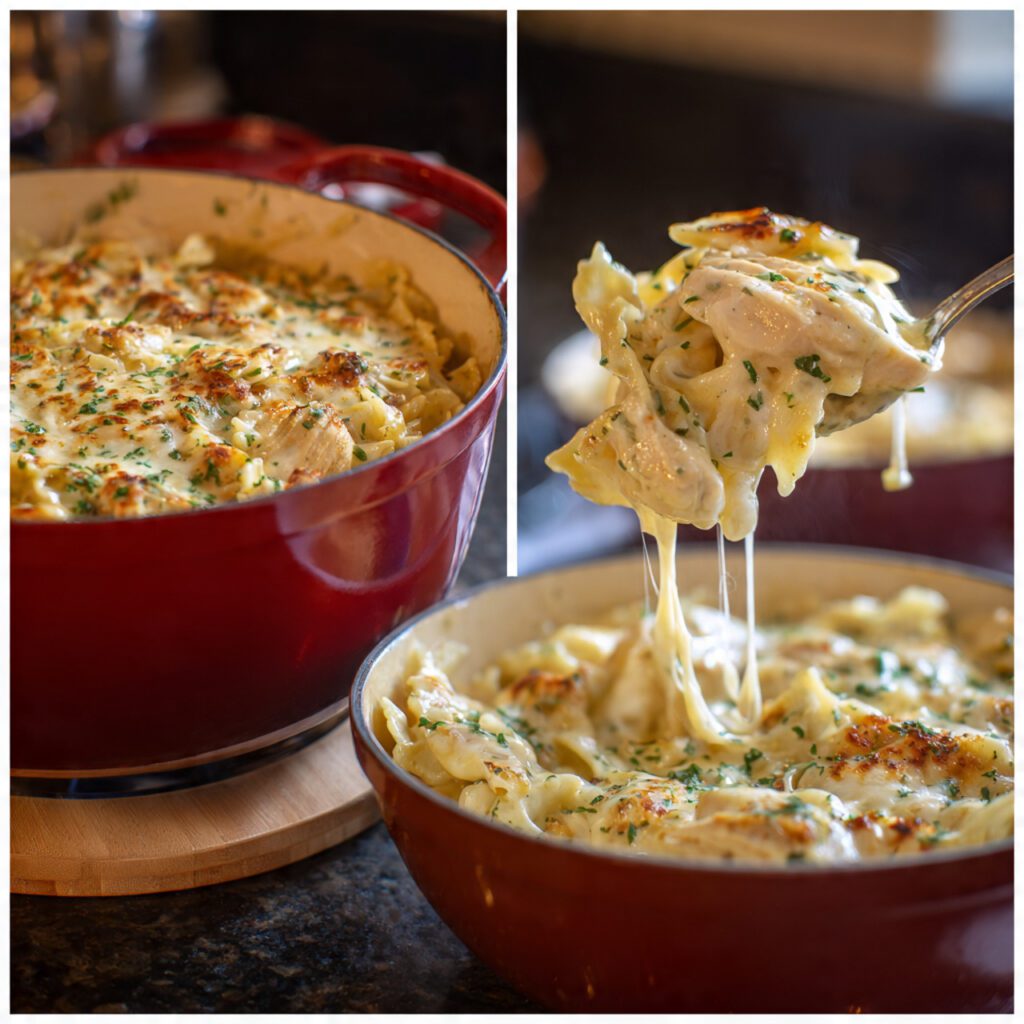 Two servings of the one-pot pasta. One is a wide shot of the Dutch oven on a trivet with two bowls of the pasta scooped out, and the other is an extreme close-up of a spoon digging into the creamy, thick chicken pasta, showing the melted cheese.