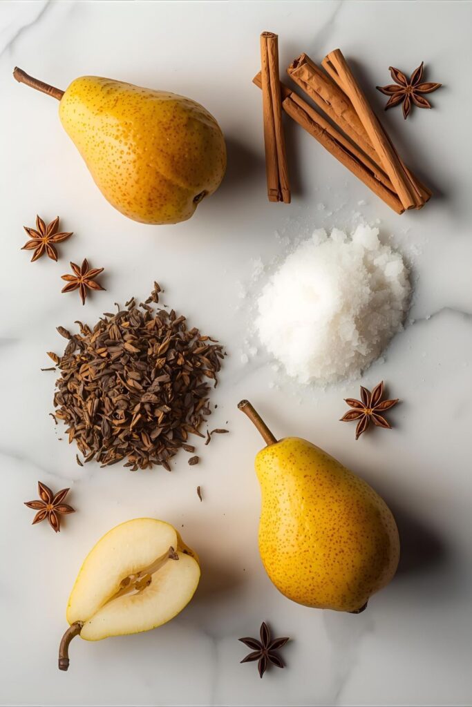 Flat lay collage of all ingredients: whole pears, Oolong tea leaves, sugar, cinnamon, and star anise.
