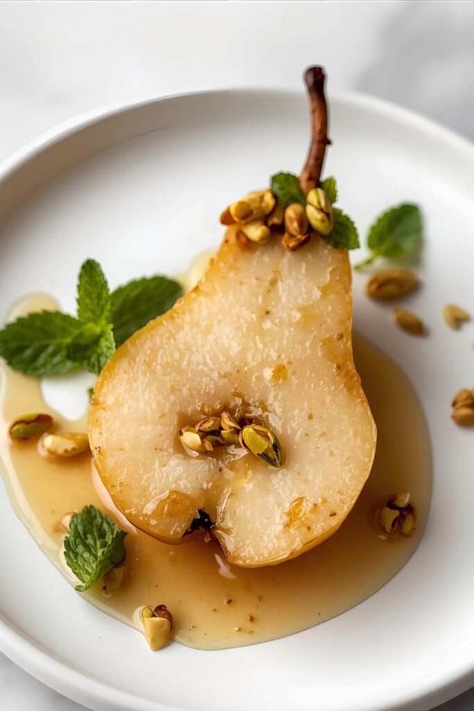 Close-up shot of a single poached pear, halved, on a white plate with syrup and toppings.