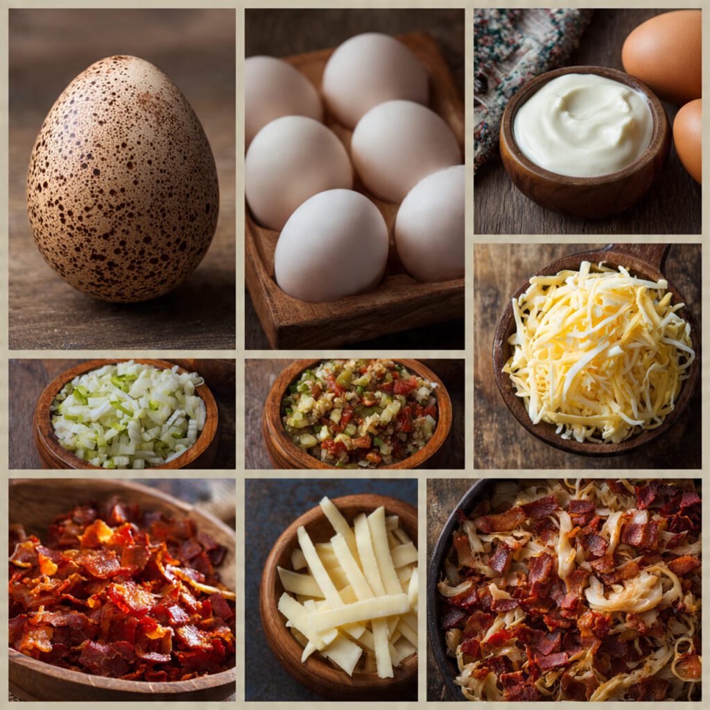 A collage showing the essential ingredients: a whole, large ostrich egg next to a dozen regular chicken eggs for scale, cream, shredded cheese, and a pile of cooked bacon bits and chopped vegetables.