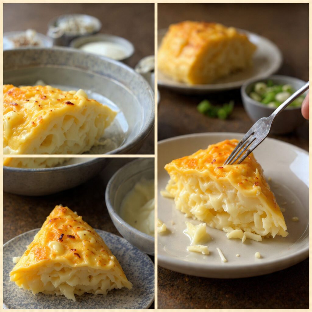 Two servings of the omelette. One is a wide shot of the omelette wedges served on plates with small sides, and the other is an extreme close-up of a fork piercing a wedge, showing the thick, fluffy texture and melted cheese filling.