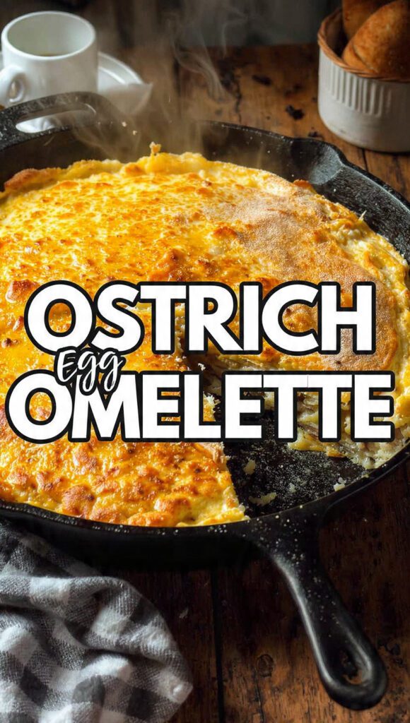 A wide shot of a massive, fluffy Ostrich Egg Omelette, golden brown with melted cheese and visible fillings, sliced into wedges in an extra-large cast iron pan. The text overlay reads: "OSTRICH EGG OMELETTE".