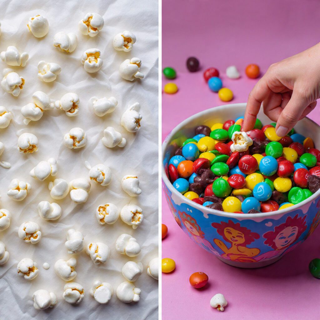 Two views of Pajama-Party Popcorn: mix cooling on parchment paper and a hand scooping the finished clusters from a bowl.