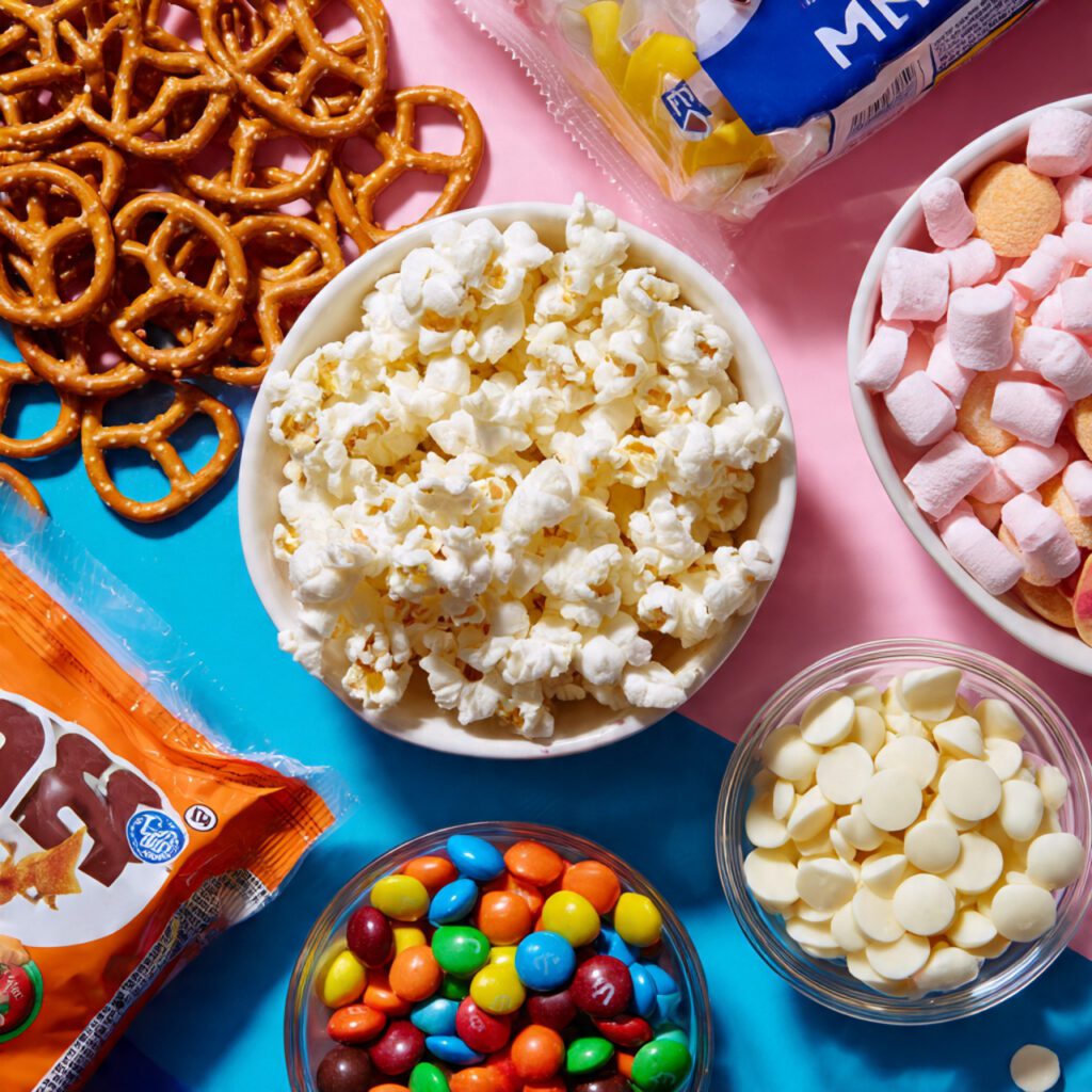 Flat lay collage of Pajama-Party Popcorn raw ingredients: popped corn, pretzels, candy, and white chocolate.