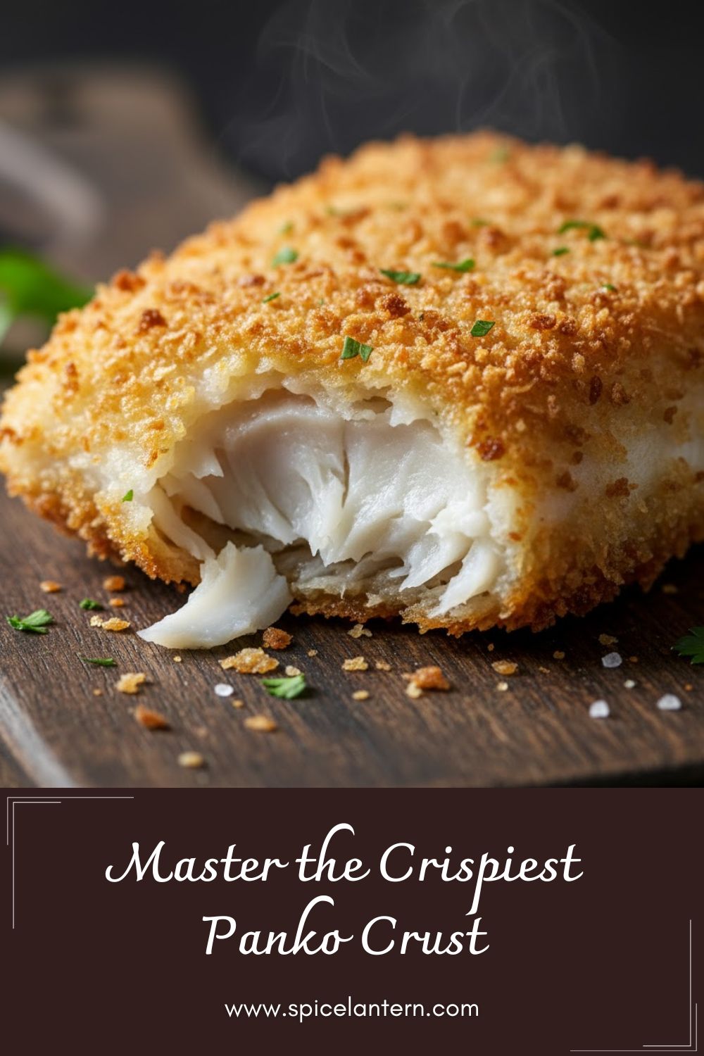 A vibrant close-up of a perfectly golden, crispy Panko-crusted chicken piece, with a large text overlay reading "Panko crust.