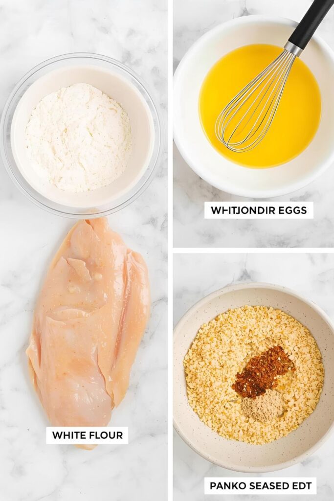 A flat lay collage showing the three dredging stations (flour, whisked egg, seasoned Panko mix) and a raw protein ready for breading.
