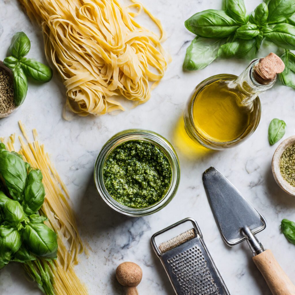 A high-quality collage image showing all the simple ingredients: fettuccine pasta, a jar of thick pesto sauce, olive oil, a bunch of basil, and a bench scraper tool, artistically arranged on a kitchen counter