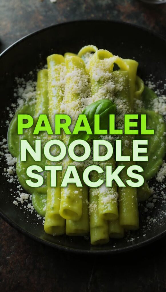 A close-up, vibrant overhead photo of perfectly aligned parallel noodle stacks coated in green pesto sauce, topped with grated cheese, featuring the bold text overlay: PARALLEL NOODLE STACKS.