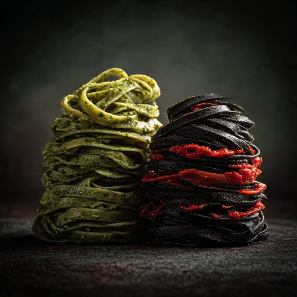 A side-by-side photograph showing two different noodle stacks: one classic pesto noodle stack and one darker, squid ink linguine noodle stack with a tomato/chili sauce, highlighting the dramatic contrast.